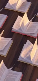 Open books neatly arranged on a wooden table.