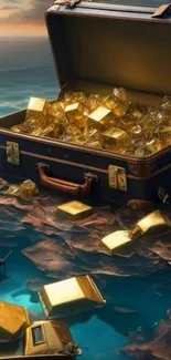 Open suitcase with gold bars on a serene surface.