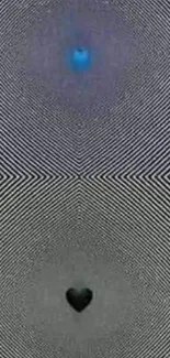 Optical illusion with blue dot and black heart on abstract lines wallpaper.