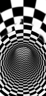 Black and white checkered tunnel creating an optical illusion effect.