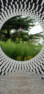 Intriguing tunnel illusion with lush green view.