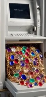 ATM overflowing with colorful jewels and gold chains.