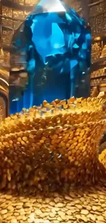 Elegant blue crystal surrounded by golden coins.