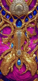 Intricate gold and blue design on vibrant purple wallpaper.