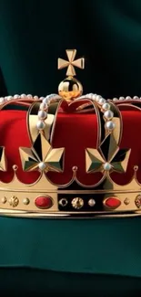 Regal gold crown on dark green background, adorned with jewels.
