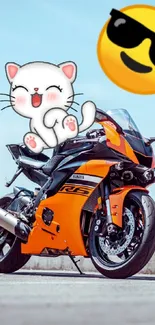 Orange motorcycle with cat and sunglasses emoji art.