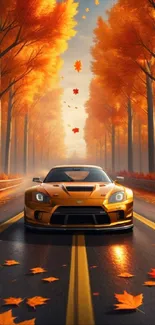 Orange sports car on fall road with vibrant autumn leaves.