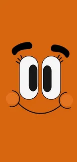 Orange cartoon face with bold smile on a vibrant background.