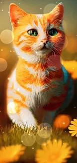 Orange cat walking through yellow flowers in a vibrant, colorful setting.