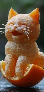 Creative cat sculpture from orange fruit with playful expression.