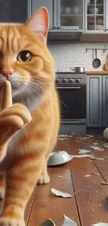 Ginger cat with raised paw in a kitchen filled with broken dishes.