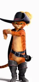 Orange cat in a pirate outfit with boots and hat stands confidently.