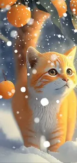 A cute orange cat stands in snow under orange tree, with vibrant winter scenery.