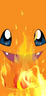 Orange character with flames and blue eyes on a vibrant background.