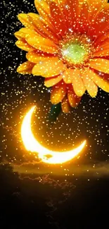 Orange flower with crescent moon on starry night backdrop.