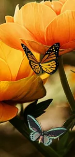 Orange flowers with butterflies on mobile wallpaper.