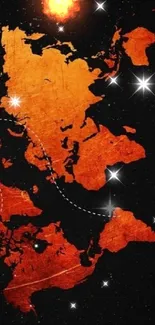 Orange gradient world map with plane on black background.