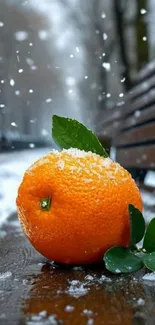 Orange fruit on a snowy bench with falling snowflakes.