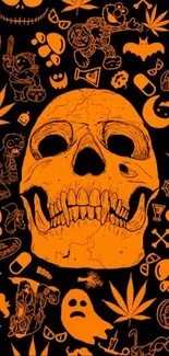 Bold orange skull with Halloween icons in a vibrant graphic style.