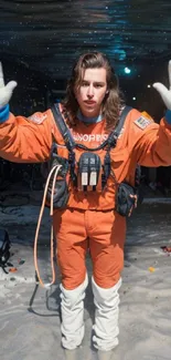 Person in orange space suit in snowy setting.