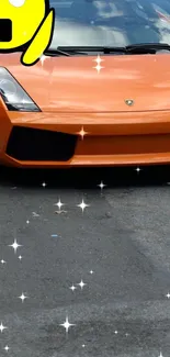 Orange sports car with sparkling effects on a mobile wallpaper.