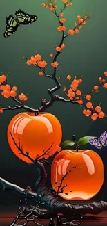 Vibrant oranges and blossoms with butterflies on a branch.