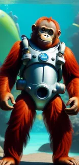 Orangutan in a diving suit with vibrant background.