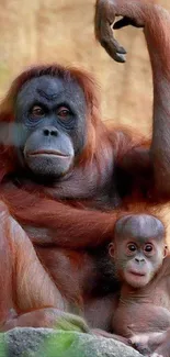 Orangutan mother with baby in natural habitat.