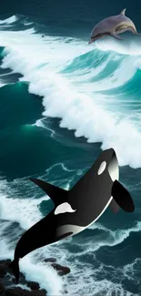 Orca and dolphin in dynamic ocean waves wallpaper.