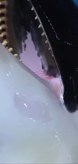 Close-up view of orca's mouth with striking black and white contrast.