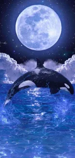 Orca jumps in the ocean under a glowing full moon and starry night sky.