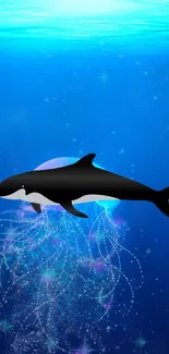 Orca swimming in a fantasy underwater blue scene.