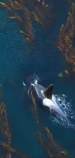 Orca swimming in deep blue ocean amidst kelp.