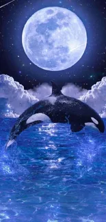 Orca leaping in a moonlit ocean under a starry sky.