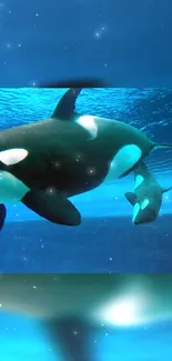 Two orcas gracefully swim in the ocean.