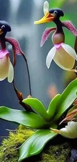 Orchid flowers resembling birds in a vibrant natural setting.