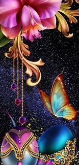 Fantasy orchid and butterfly on dark starry backdrop.