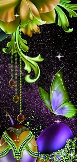 Orchid and butterfly on purple galaxy background.