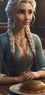 Fantasy character in braided hair at a dinner table, atmospheric setting.