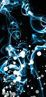 Ethereal blue smoke with luminous dots on black background.