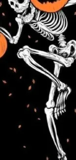 Dancing skeleton with pumpkins on a dark backdrop, perfect for Halloween.