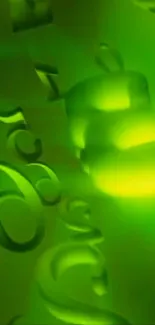 Vibrant green abstract wallpaper with swirling shapes.