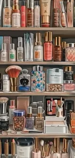 Organized beauty products on shelves with makeup and skincare items.