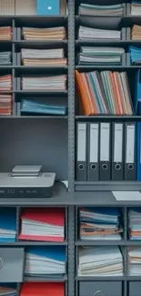 Organized office shelves with colorful files.
