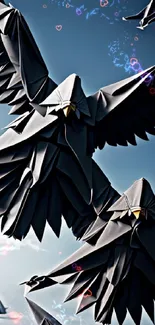 Origami birds soaring against a dark blue sky background.