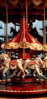 Origami carousel with paper horses in vibrant lighting.