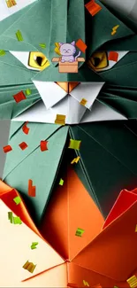 Colorful origami cat with confetti design for mobile wallpaper.