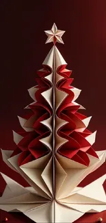 Origami Christmas tree on a red background with festive elements.