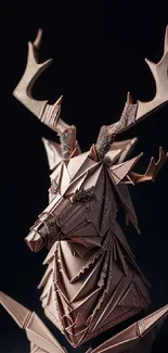 Origami deer sculpture on a dark background.