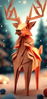 Origami deer in a snowy winter scene with festive accents.